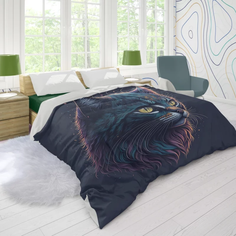 Yellow-Eyed Cat in Fantasy Drawing Duvet Cover