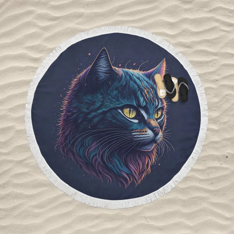 Yellow-Eyed Cat in Fantasy Drawing Round Beach Towel