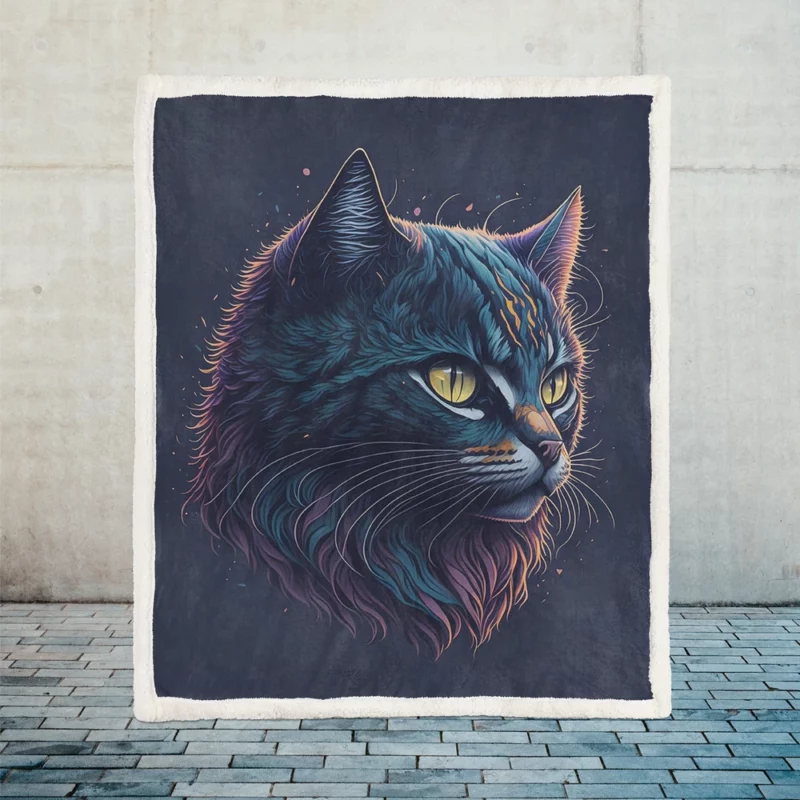 Yellow-Eyed Cat in Fantasy Drawing Sherpa Fleece Blanket