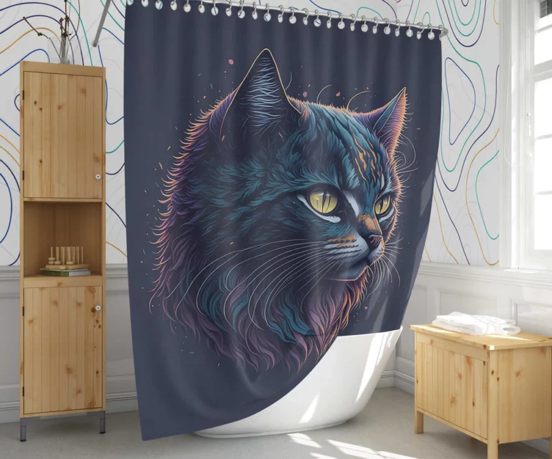 Yellow-Eyed Cat in Fantasy Drawing Shower Curtain 1