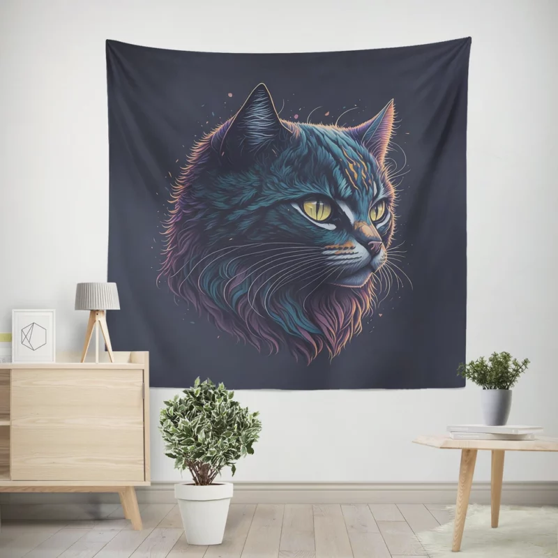 Yellow-Eyed Cat in Fantasy Drawing Wall Tapestry