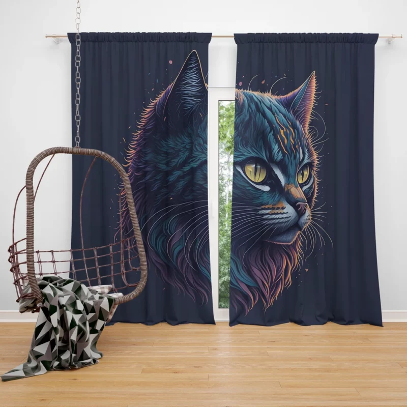 Yellow-Eyed Cat in Fantasy Drawing Window Curtain