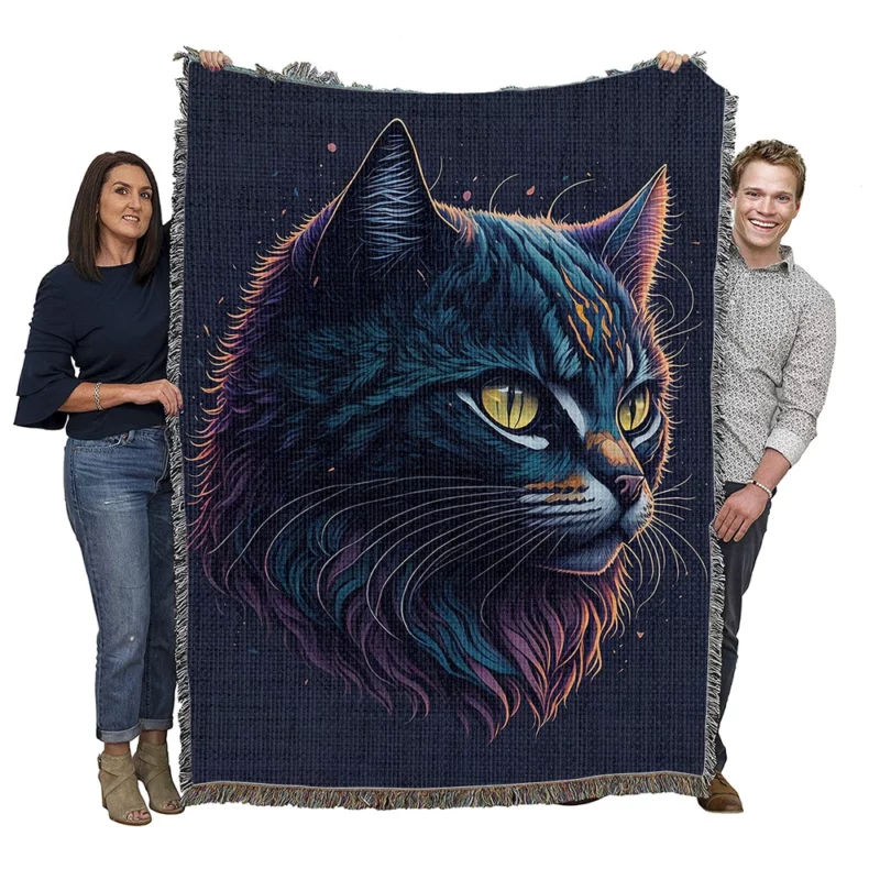 Yellow Eyed Cat in Fantasy Drawing Woven Blanket