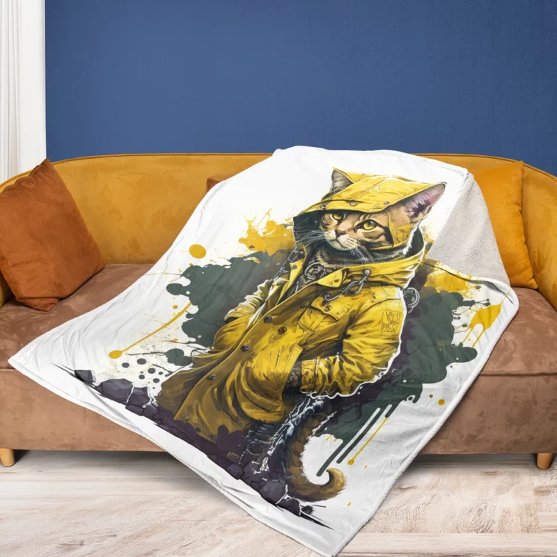 Yellow Hooded Cat in Paint Splash Fleece Blanket 1