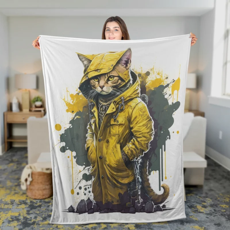 Yellow Hooded Cat in Paint Splash Fleece Blanket 2