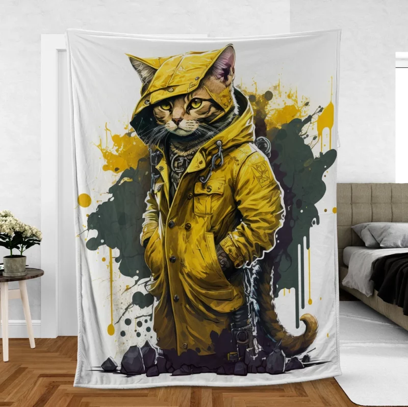 Yellow Hooded Cat in Paint Splash Fleece Blanket