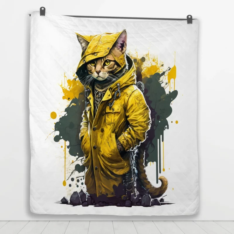 Yellow Hooded Cat in Paint Splash Quilt Blanket 1