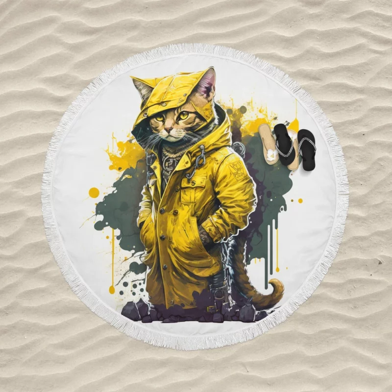 Yellow Hooded Cat in Paint Splash Round Beach Towel