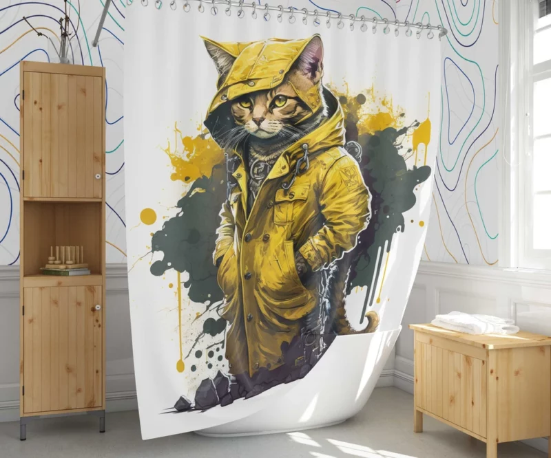 Yellow Hooded Cat in Paint Splash Shower Curtain 1