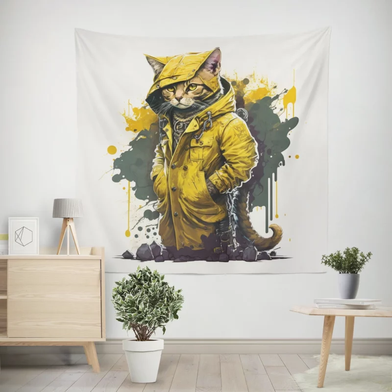 Yellow Hooded Cat in Paint Splash Wall Tapestry