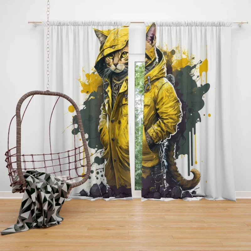 Yellow Hooded Cat in Paint Splash Window Curtain