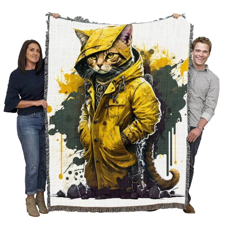 Yellow Hooded Cat in Paint Splash Woven Blanket