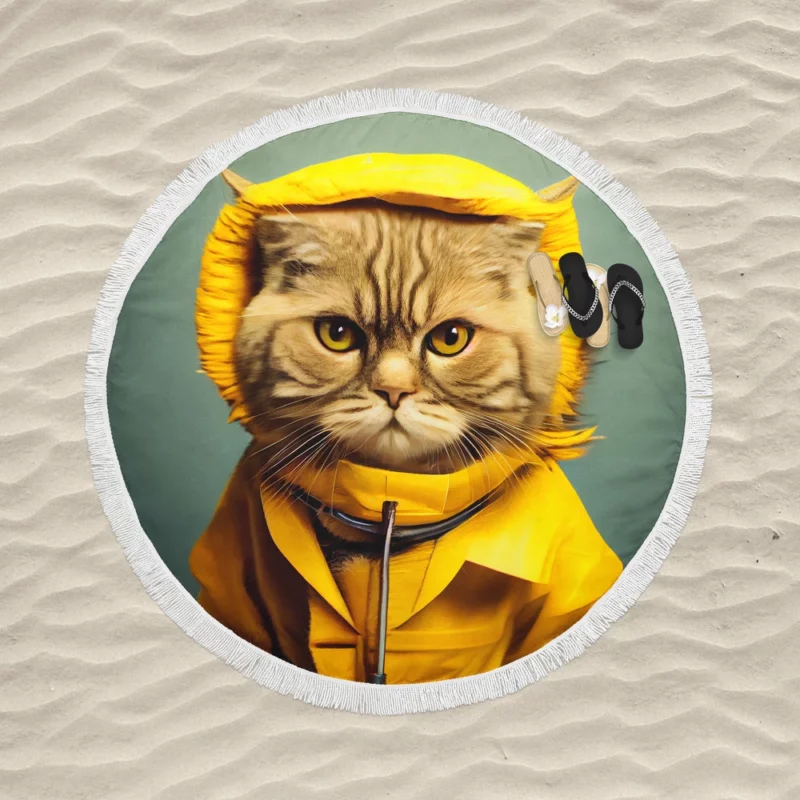 Yellow Raincoat Cat Pet Round Beach Towel