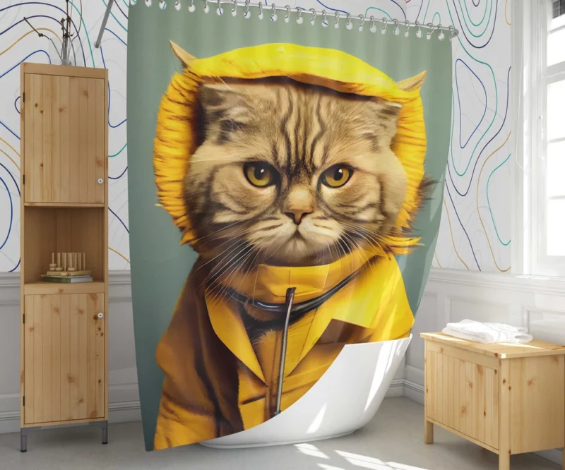 Yellow Raincoat Cat Pet Shower Curtain 1