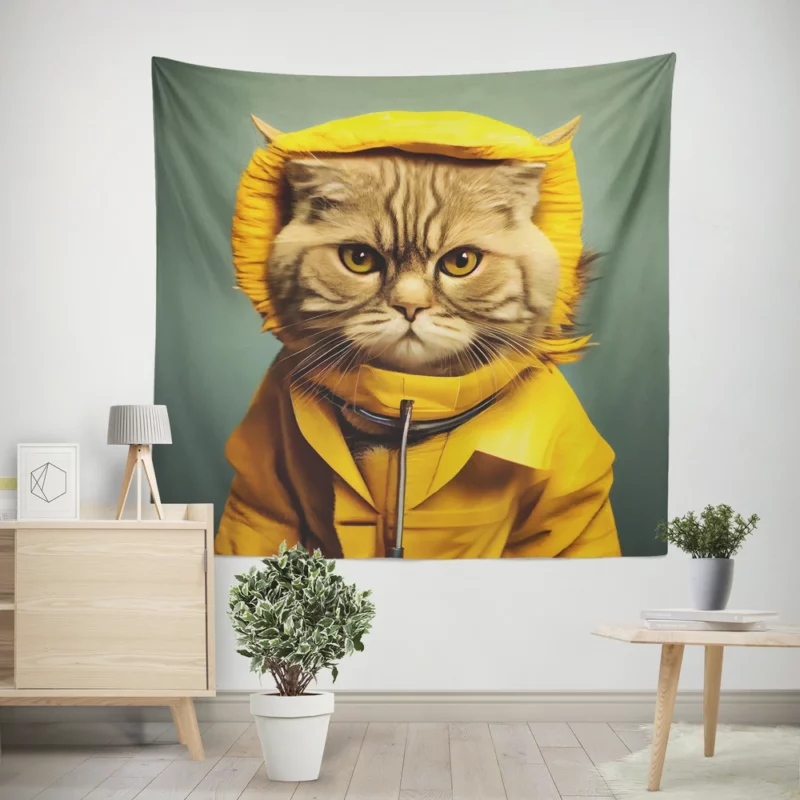 Yellow Raincoat Cat Pet Wall Tapestry