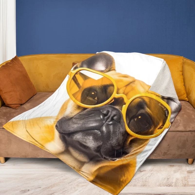 Yellow Sunglasses Bulldog Fleece Blanket 1