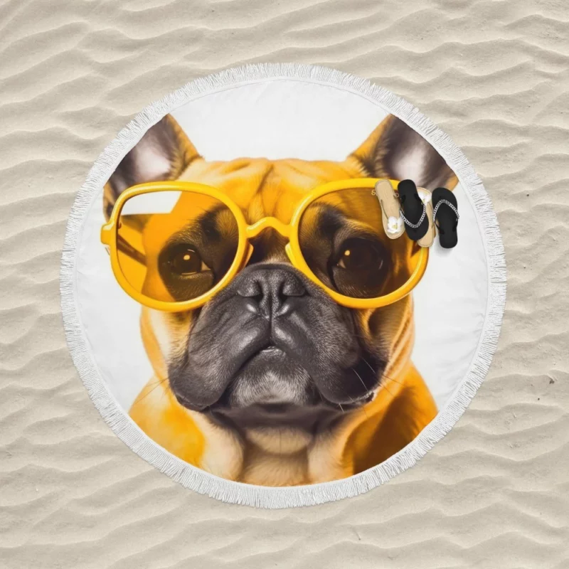 Yellow Sunglasses Bulldog Round Beach Towel