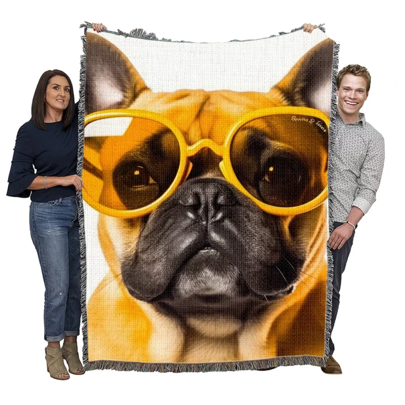 Yellow Sunglasses Bulldog Woven Blanket