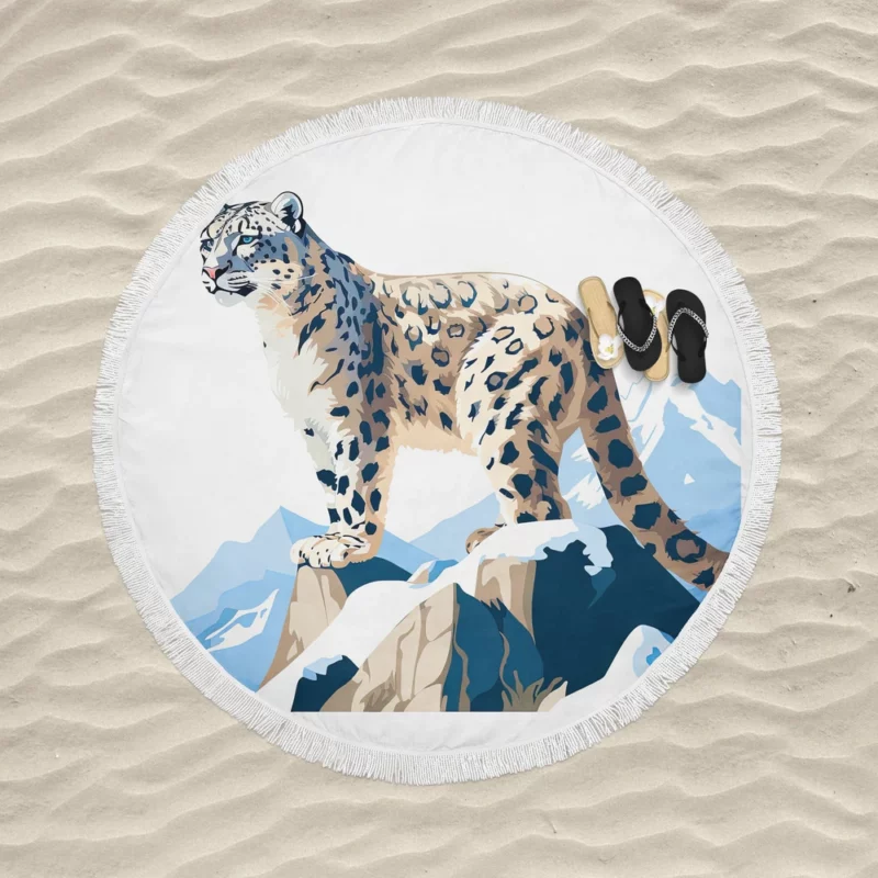 2D Illustration of a Cute Snow Leopard Round Beach Towel