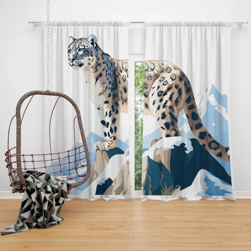 2D Illustration of a Cute Snow Leopard Window Curtain