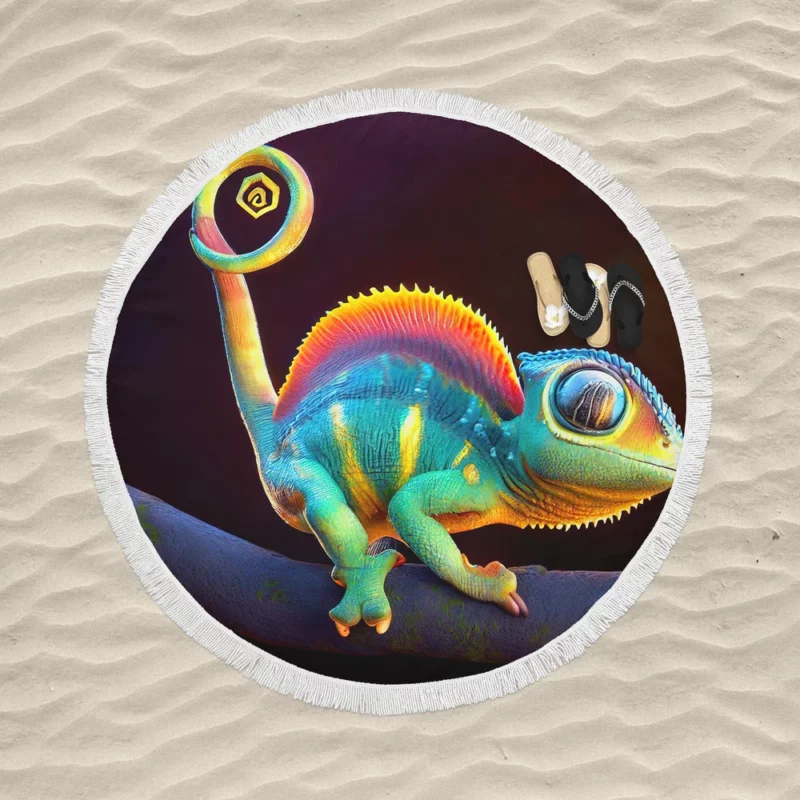 3D Cartoon Chameleon Round Beach Towel