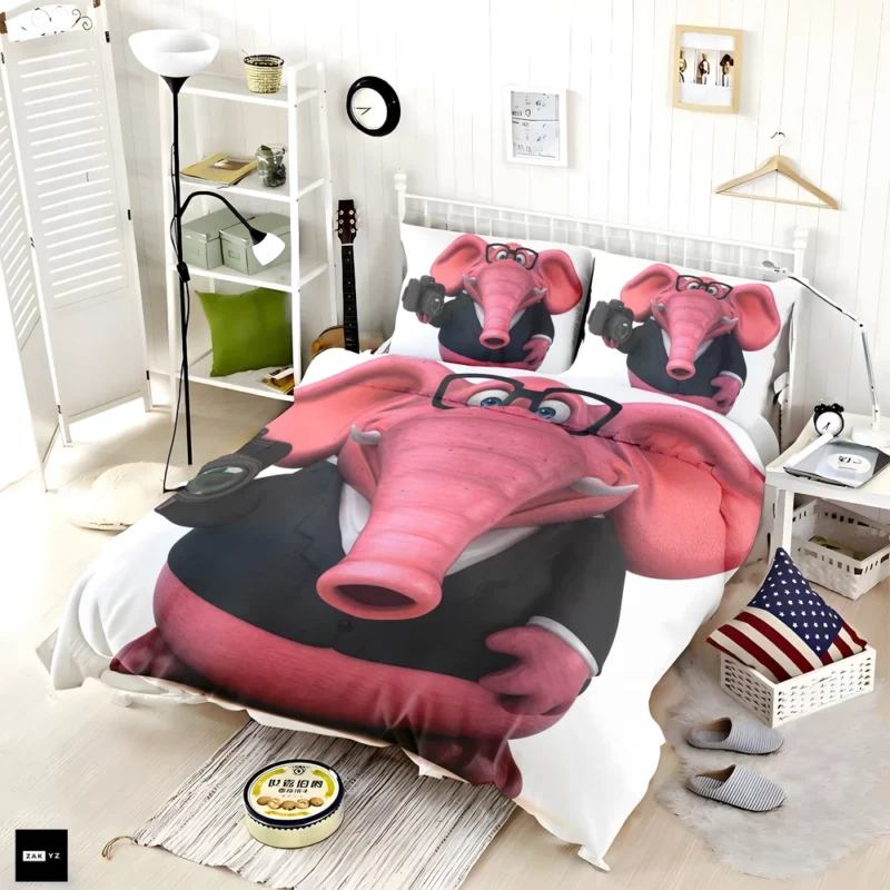 3D Pink Elephant Illustration Bedding Set