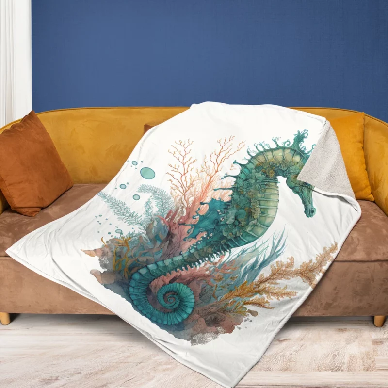 AI Generated Seahorse Painting Fleece Blanket 1