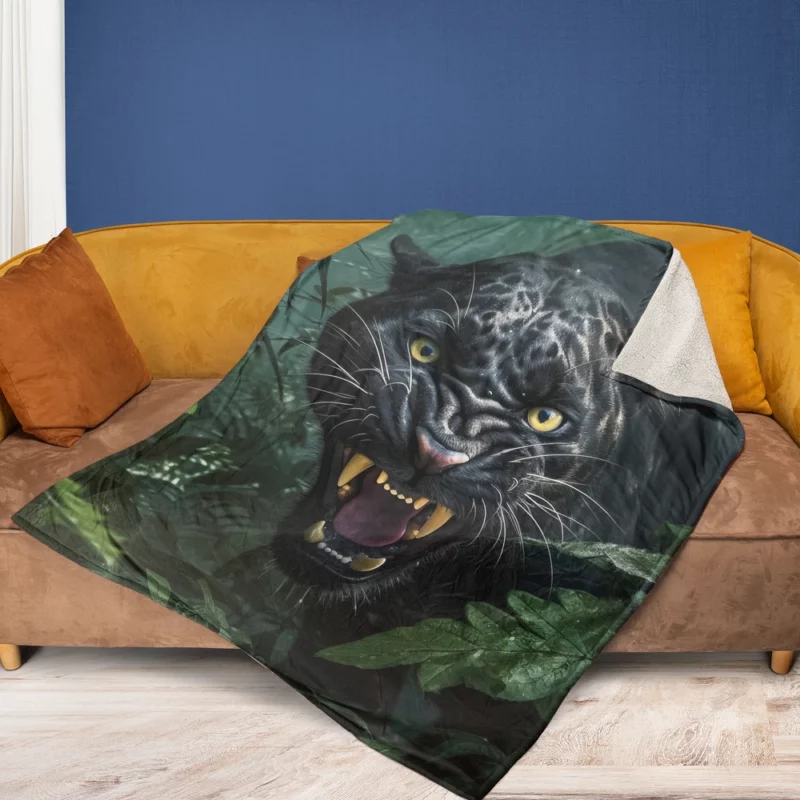 Angry Black Panther in Jungle Fleece Blanket 1