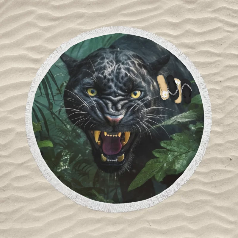 Angry Black Panther in Jungle Round Beach Towel