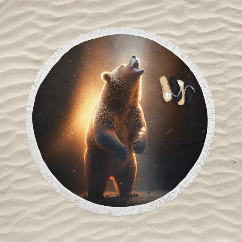 Angry Grizzly Bathed in Flickering Light Round Beach Towel