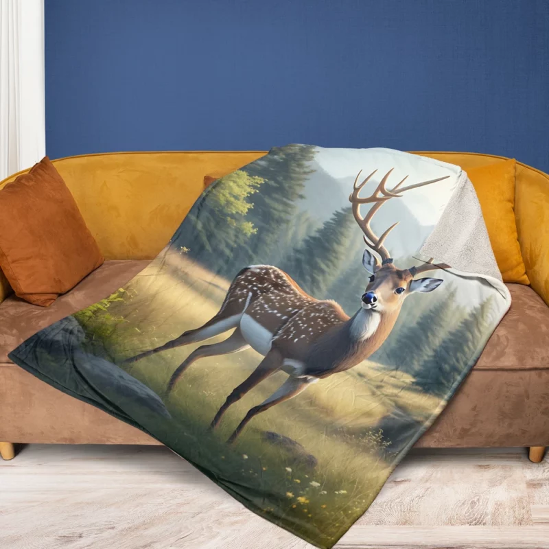 At One with Nature Deer in Forest Fleece Blanket 1