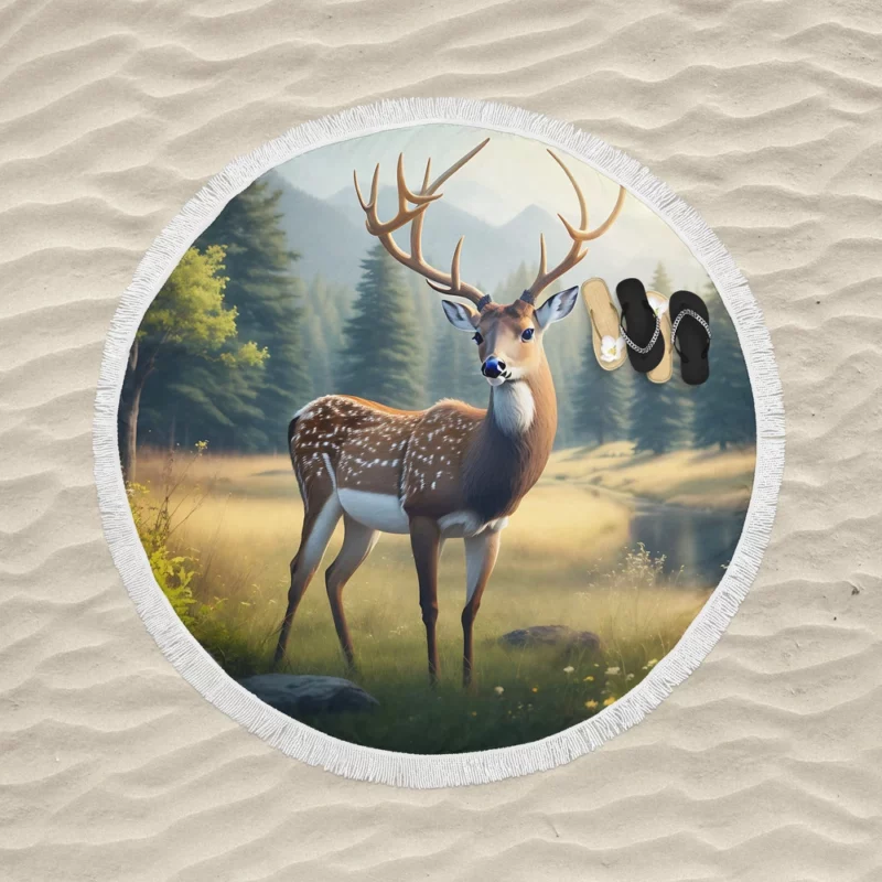 At One with Nature Deer in Forest Round Beach Towel