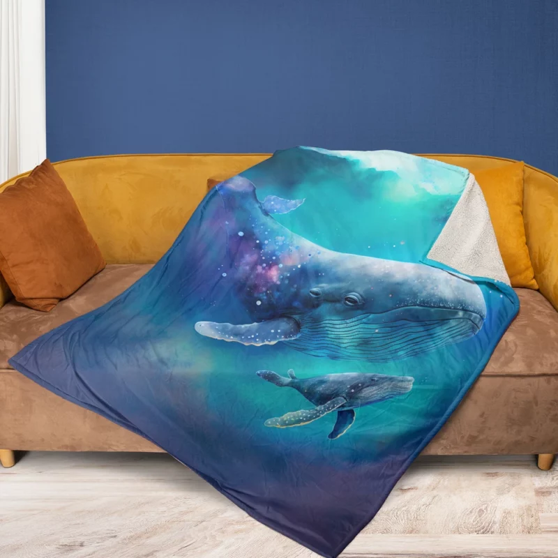 Baby Whale on Blue Background Fleece Blanket 1