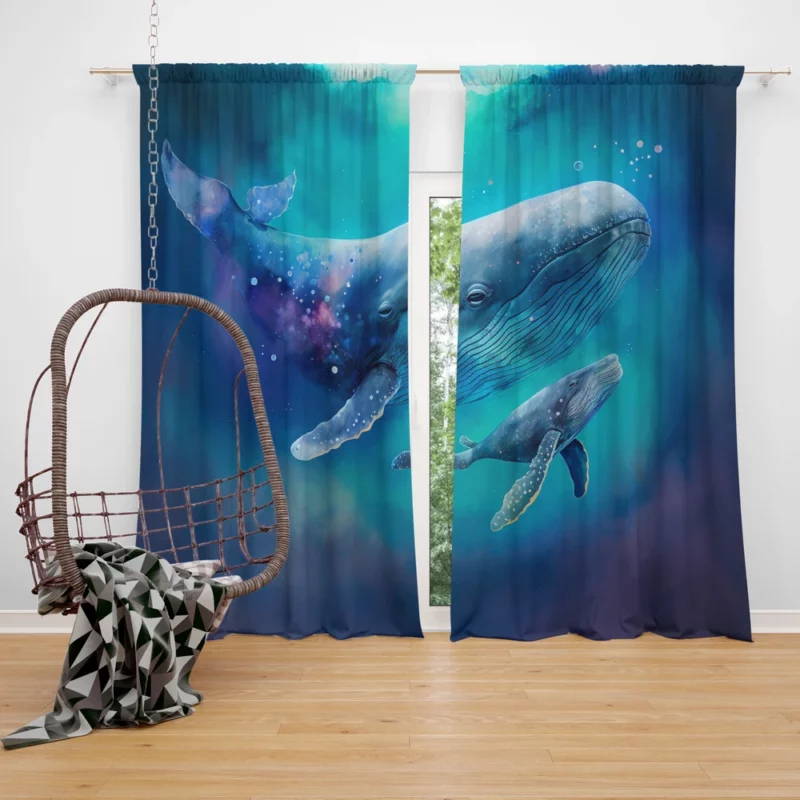 Baby Whale on Blue Background Window Curtain