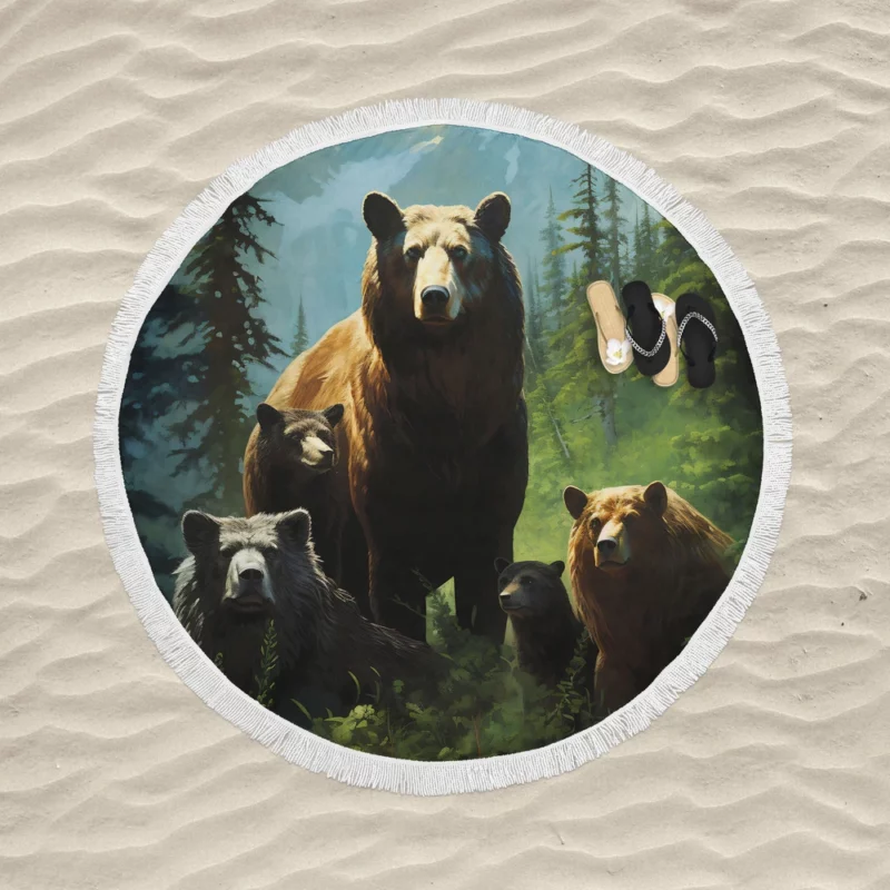 Bears Ambling Through Mountain Woods Round Beach Towel