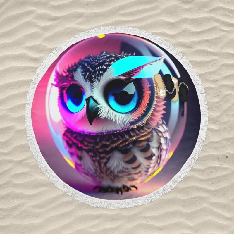 Beautiful Owl Bubble Art Round Beach Towel