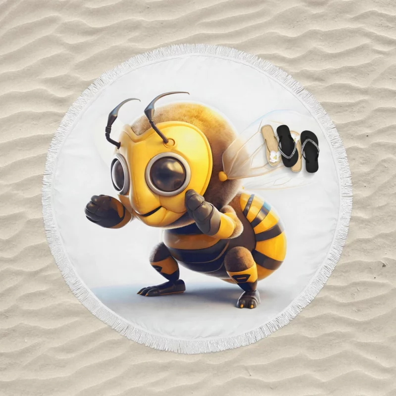 Bee With Headphones Round Beach Towel