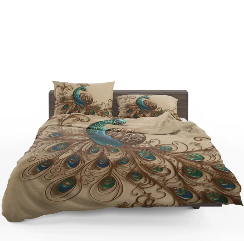 Beige Background Peacock with Green Tail Bedding Set 1