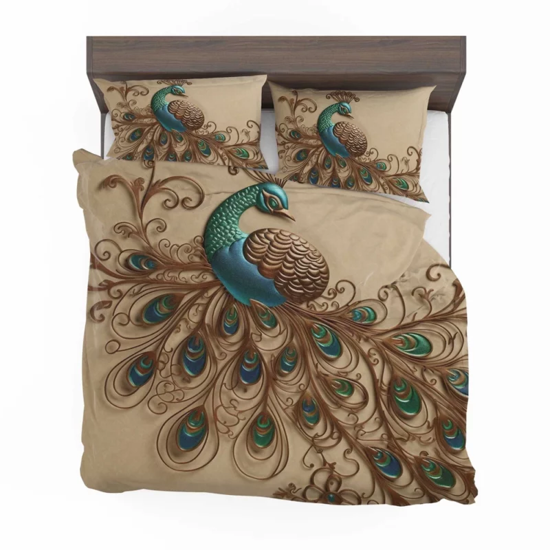 Beige Background Peacock with Green Tail Bedding Set 2