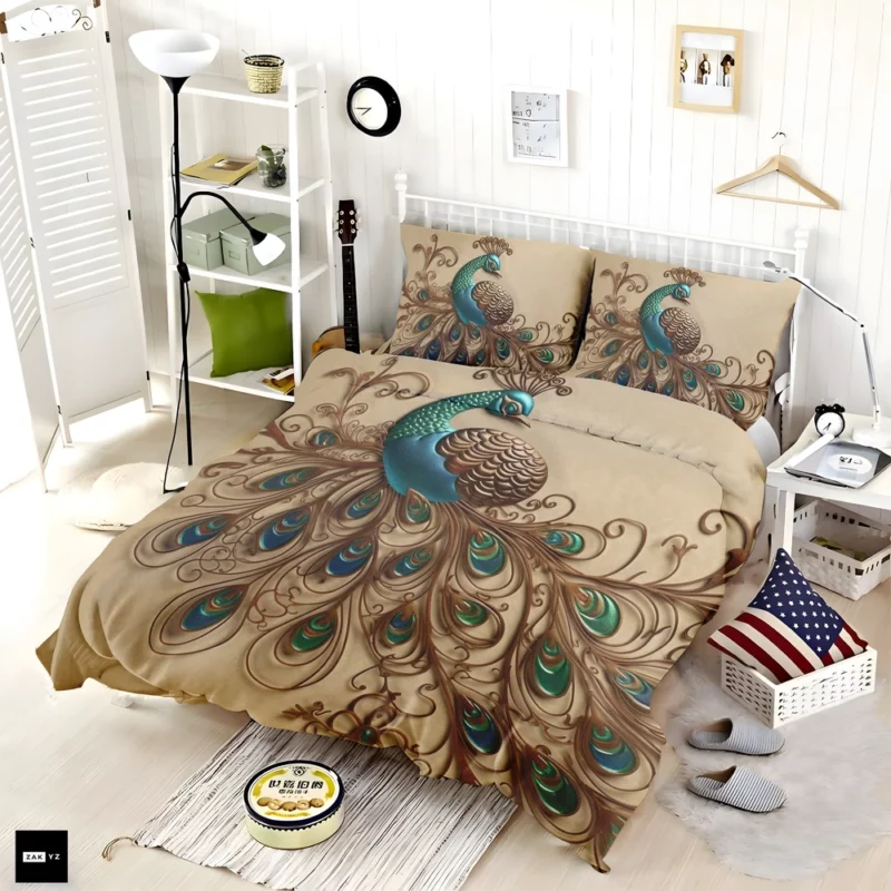 Beige Background Peacock with Green Tail Bedding Set