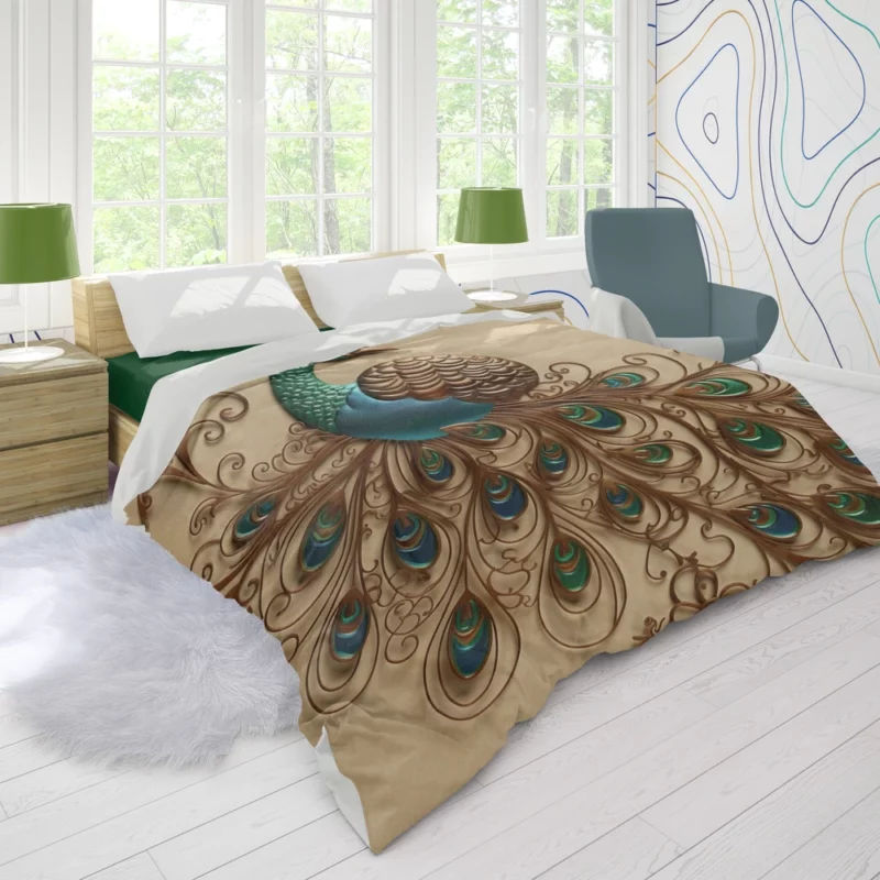 Beige Background Peacock with Green Tail Duvet Cover