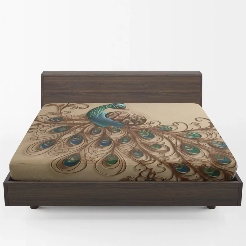 Beige Background Peacock with Green Tail Fitted Sheet 1