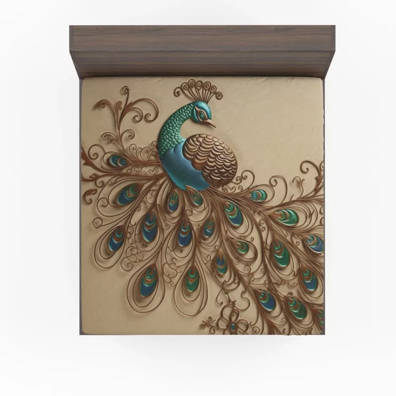 Beige Background Peacock with Green Tail Fitted Sheet