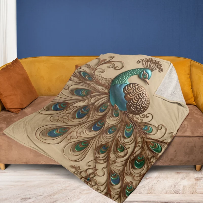 Beige Background Peacock with Green Tail Fleece Blanket 1