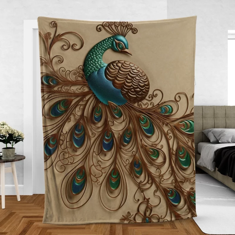 Beige Background Peacock with Green Tail Fleece Blanket