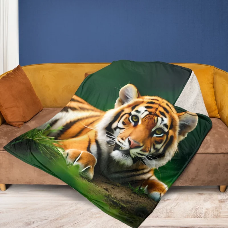 Bengal Tiger Laying in Grass Fleece Blanket 1