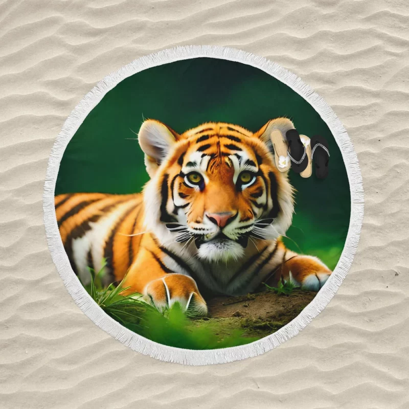 Bengal Tiger Laying in Grass Round Beach Towel