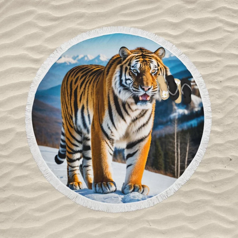 Bengal Tiger Running Through Forest Round Beach Towel