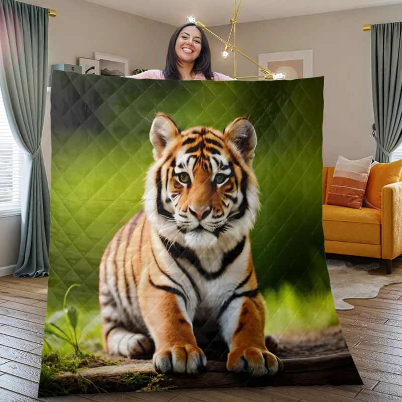 Bengal Tiger Sitting on Log Quilt Blanket