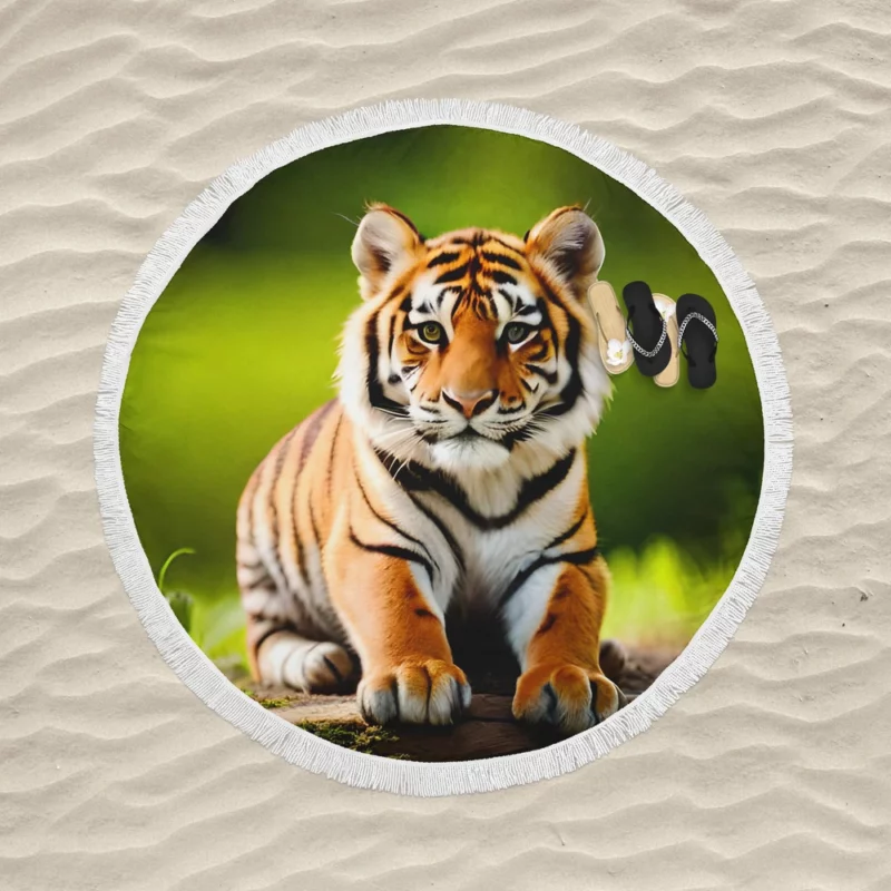 Bengal Tiger Sitting on Log Round Beach Towel